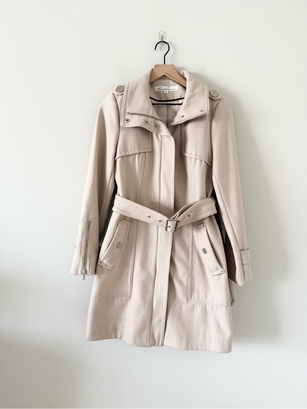 Kenneth Cole New York Light Beige Wool Blend Long Pea Coat with Belt Size 6